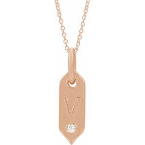 14K Rose Gold .05 CT Natural Diamond Initial V 16-18" Necklace