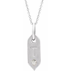 14K White Gold .05 CT Natural Diamond Initial T 16-18" Necklace