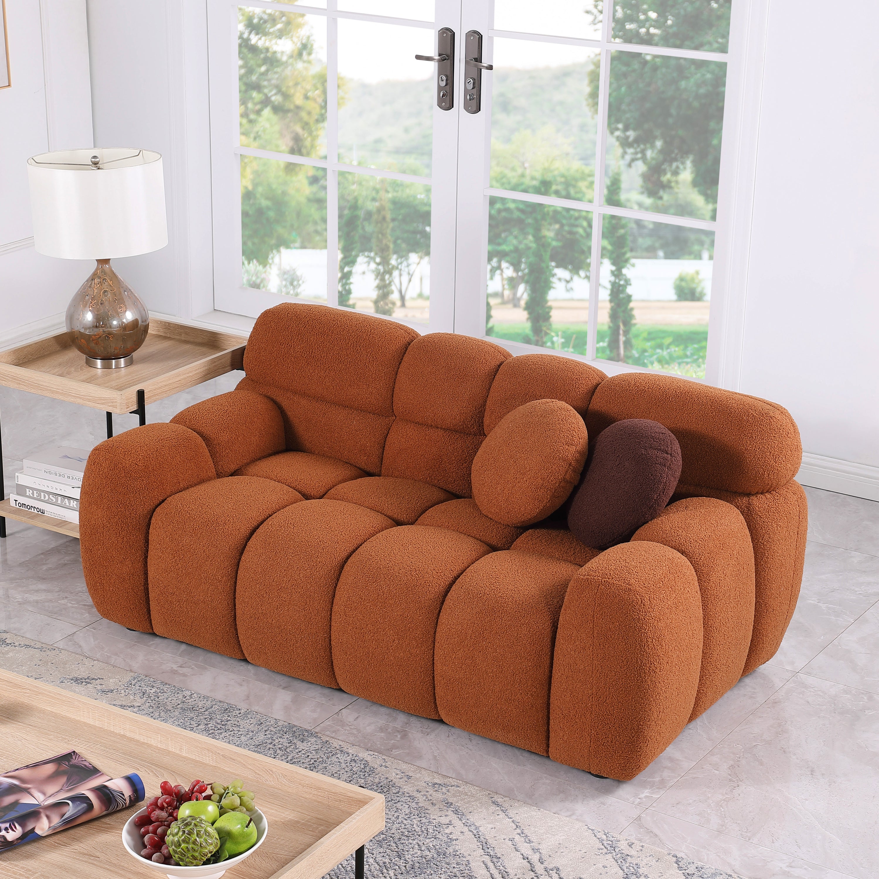 64.98 length ,35.83' deepth ,human body structure for USA people,  marshmallow sofa,boucle sofa ,2  seater,  LIGHT BROWN BOUCLE
