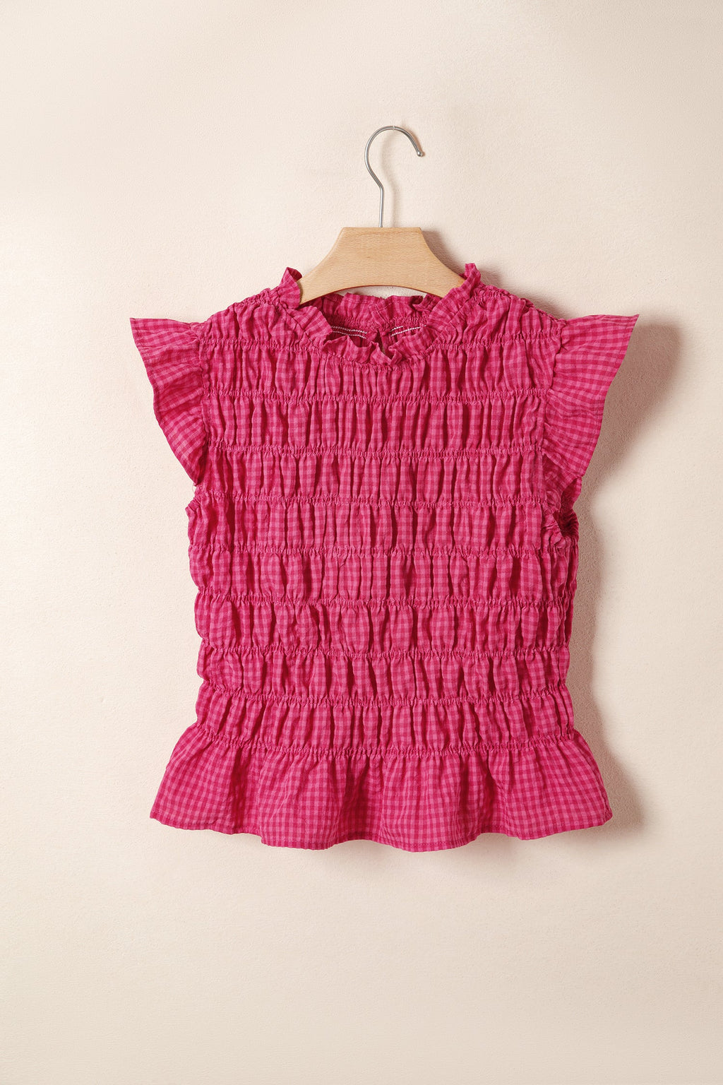 Gingham Plaid Shirred Ruffle Trim Tank Top