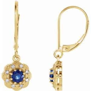 14K Yellow Gold Natural Blue Sapphire & 1/10 CTW Natural Diamond Halo-Style Earrings