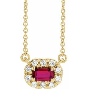 14K Yellow Gold 5x3 mm Lab-Grown Ruby & 1/8 CTW Natural Diamond Halo-Style 16" Necklace