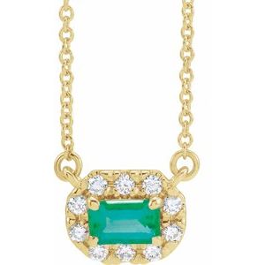 14K Yellow Gold 5x3 mm Natural Emerald & 1/8 CTW Natural Diamond Halo-Style 18" Necklace