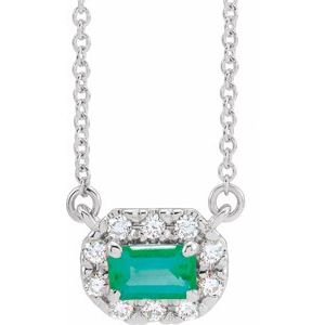 Platinum 5x3 mm Natural Emerald & 1/8 CTW Natural Diamond Halo-Style 18" Necklace