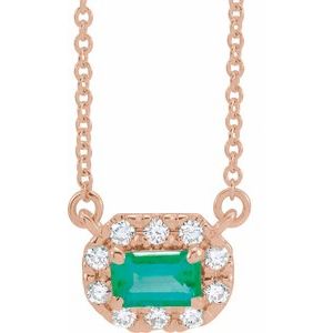 14K Rose Gold 5x3 mm Natural Emerald & 1/8 CTW Natural Diamond Halo-Style 18" Necklace