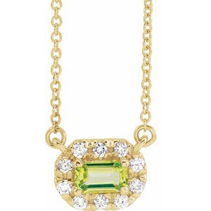 14K Yellow Gold 5x3 mm Natural Peridot & 1/8 CTW Natural Diamond Halo-Style 18" Necklace