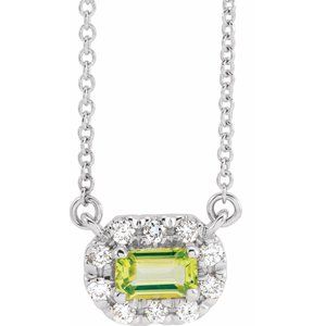 Platinum 5x3 mm Natural Peridot & 1/8 CTW Natural Diamond Halo-Style 18" Necklace