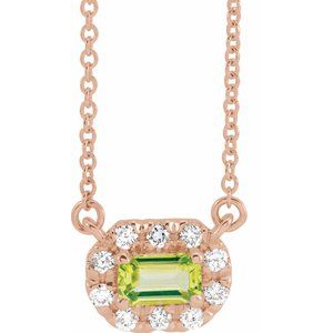 14K Rose Gold 5x3 mm Natural Peridot & 1/8 CTW Natural Diamond Halo-Style 16" Necklace