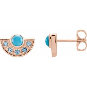 14K Rose Gold Natural Turquoise & Natural Aquamarine Fan Earrings