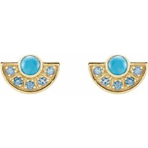 14K Yellow Gold Natural Turquoise & Natural Aquamarine Fan Earrings