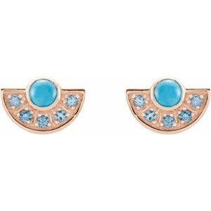 14K Rose Gold Natural Turquoise & Natural Aquamarine Fan Earrings