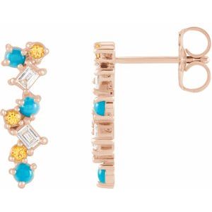 14K Rose Gold Natural Turquoise, Natural Honey Topaz & 1/10 CTW Natural Diamond Scattered Bar Earrings