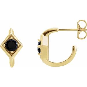 14K Yellow Gold Natural Black Onyx Geometric 13.58 mm Hoop Earrings