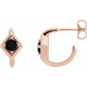 14K Rose Gold Natural Black Onyx Geometric 13.58 mm Hoop Earrings