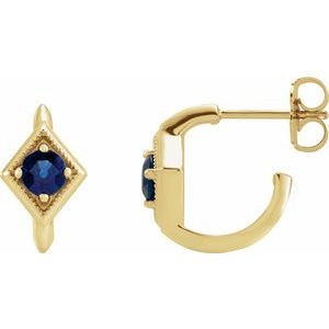 14K Yellow Gold Natural Blue Sapphire Geometric 13.58 mm Hoop Earrings