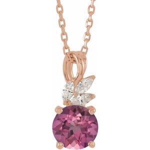 14K Rose Gold Natural Pink Tourmaline & 1/10 CTW Natural Diamond 16-18" Necklace