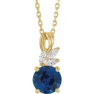 14K Yellow Gold Lab-Grown Blue Sapphire & 1/10 CTW Natural Diamond 16-18" Necklace