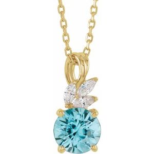 14K Yellow Gold Natural Blue Zircon & 1/10 CTW Natural Diamond 16-18" Necklace