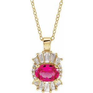 14K Yellow Gold Natural Pink Tourmaline & 1/3 CTW Diamond 16-18" Necklace