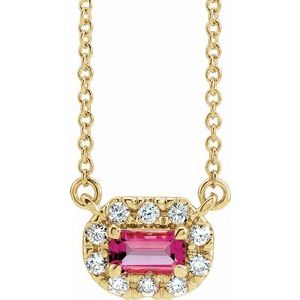 14K Yellow Gold 5x3 mm Natural Pink Tourmaline & 1/8 CTW Natural Diamond Halo-Style 18" Necklace