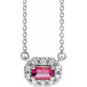 Sterling Silver 5x3 mm Natural Pink Tourmaline & 1/8 CTW Natural Diamond Halo-Style 16" Necklace