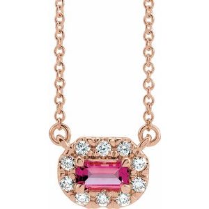 14K Rose Gold 5x3 mm Natural Pink Tourmaline & 1/8 CTW Natural Diamond Halo-Style 16" Necklace