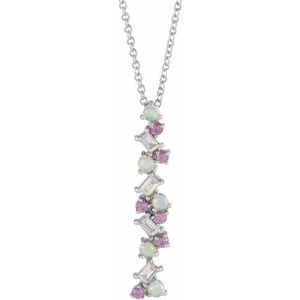 Platinum Natural Ethiopian Opals, Natural Pink Sapphires & 1/8 CTW Natural Diamond Scattered Bar 16-18" Necklace