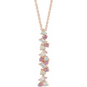 14K Rose Gold Natural Ethiopian Opals, Natural Pink Sapphires & 1/8 CTW Natural Diamond Scattered Bar 16-18" Necklace