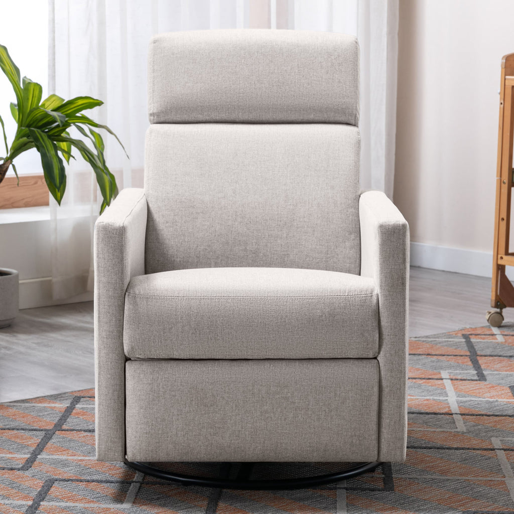 Modern Upholstered Rocker Nursery Chair with Plush Seating, Tan Linen, Swivel Recliner