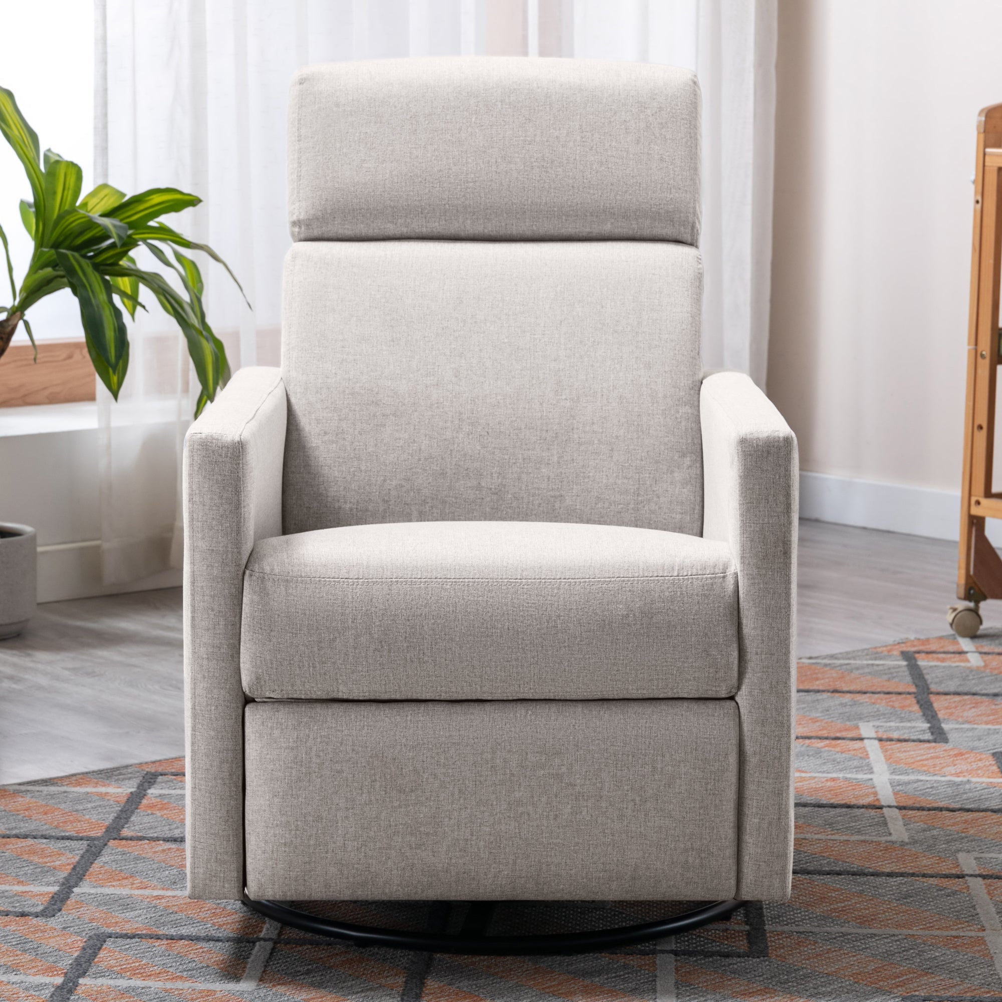 Modern Upholstered Rocker Nursery Chair with Plush Seating, Tan Linen, Swivel Recliner