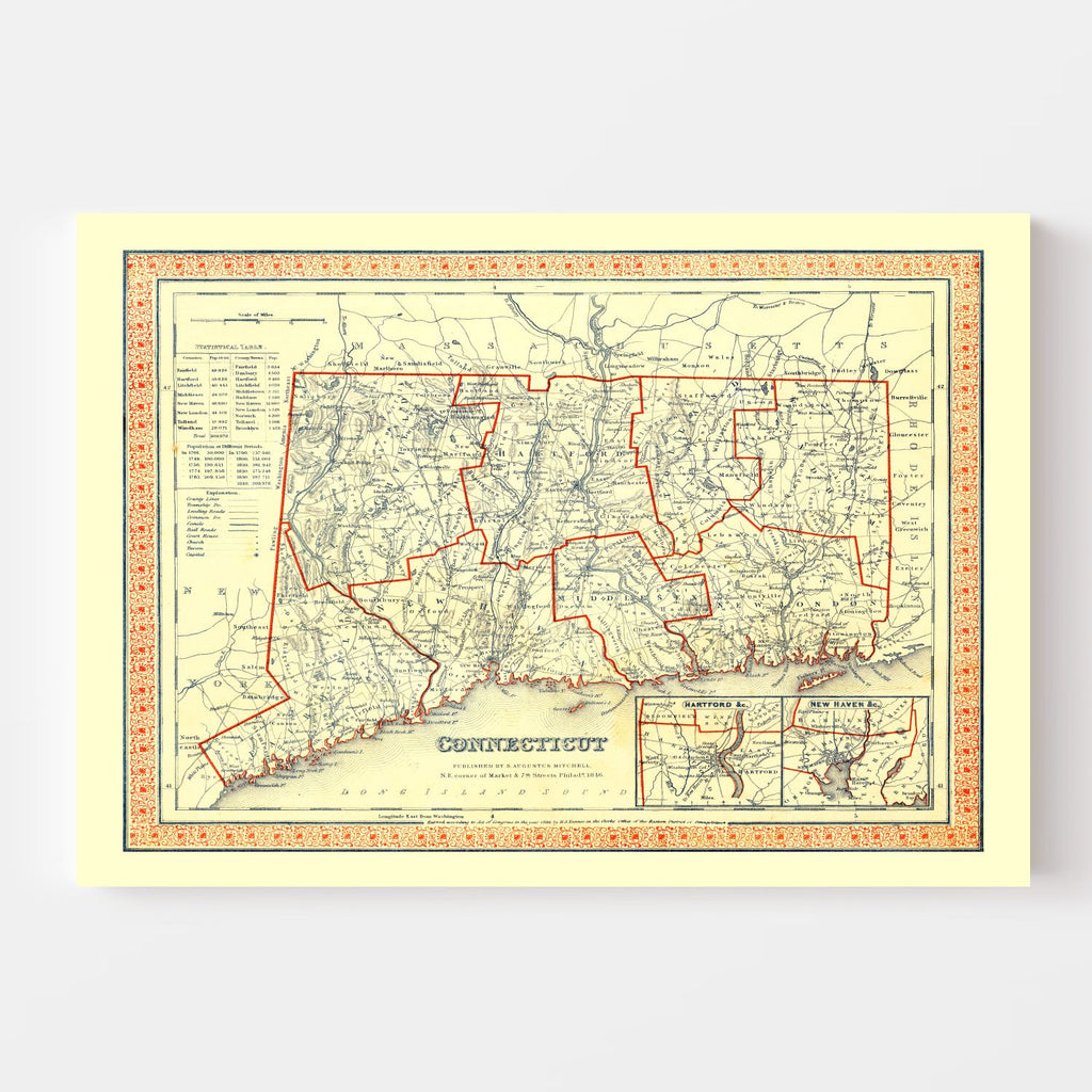 Vintage Map of Connecticut 1846
