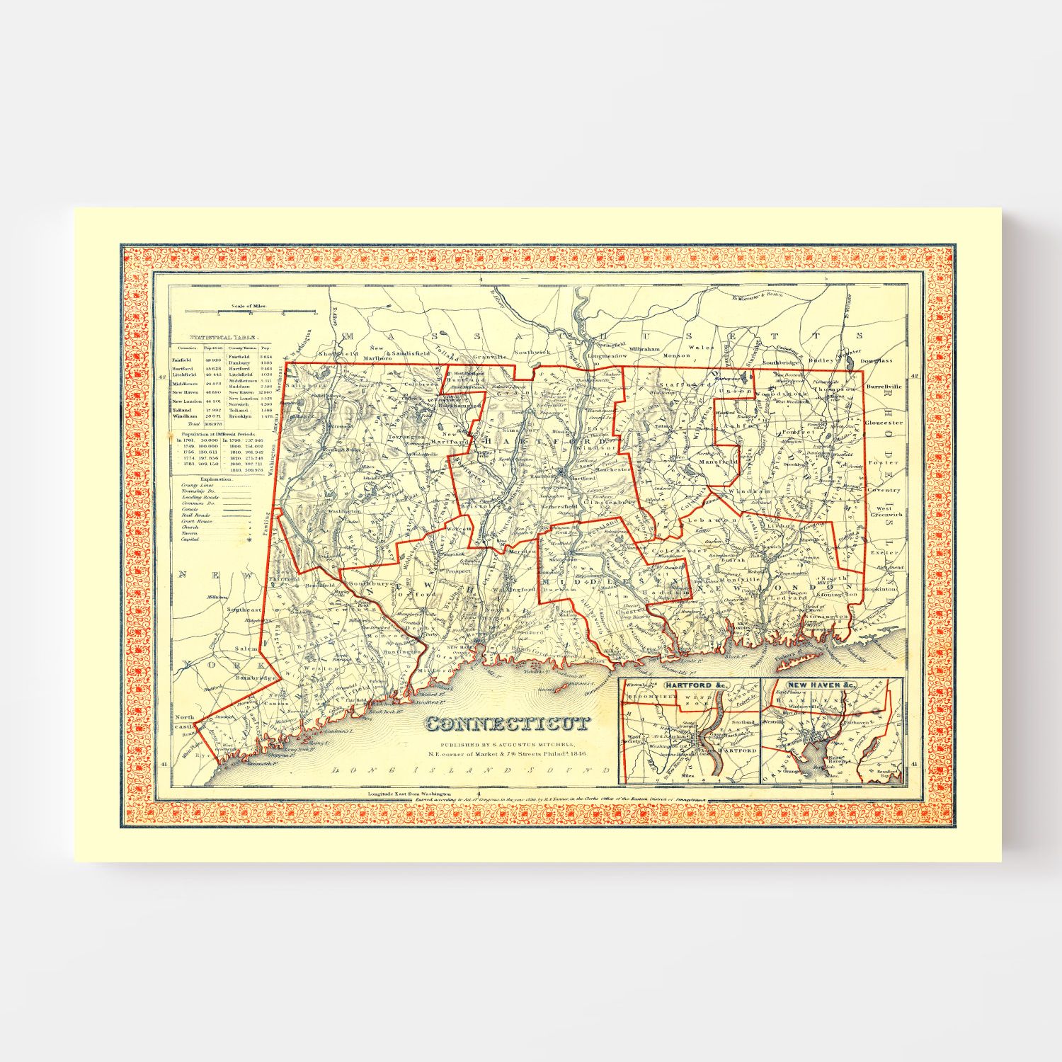 Vintage Map of Connecticut 1846