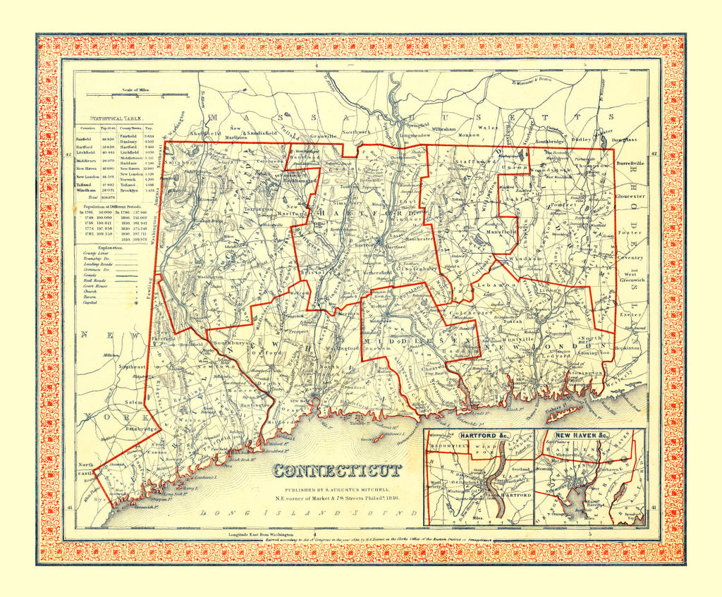 Vintage Map of Connecticut 1846