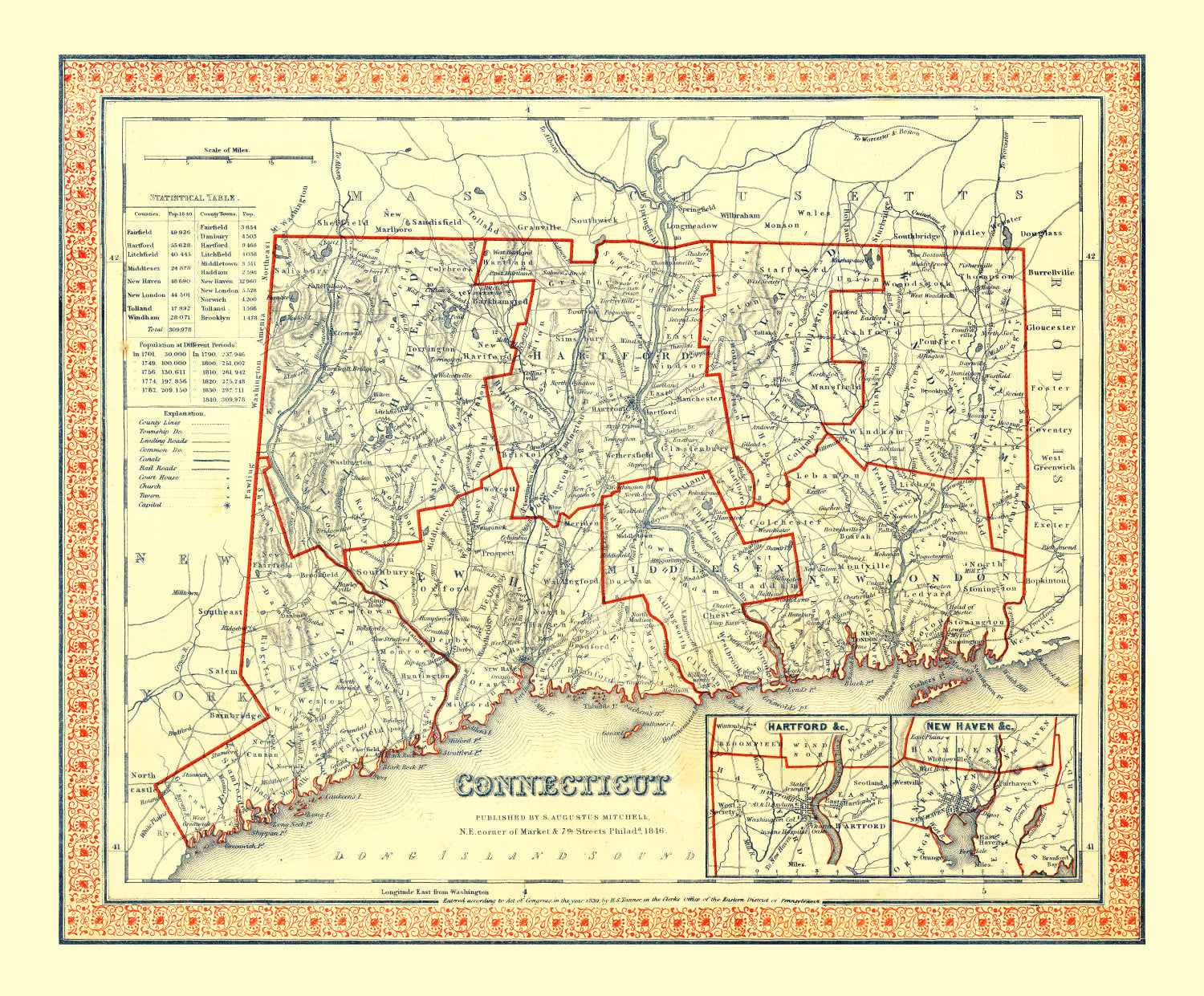 Vintage Map of Connecticut 1846