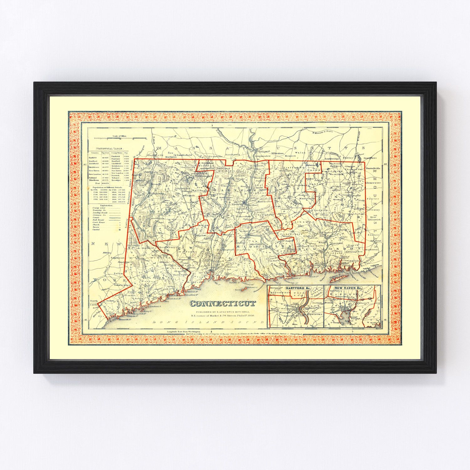 Vintage Map of Connecticut 1846