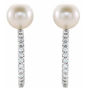 14K White Gold Cultured White Freshwater Pearl & 1/6 CTW Natural Diamond Hoop Earrings