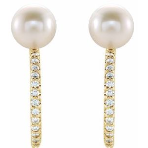 14K Yellow Gold Cultured White Freshwater Pearl & 1/6 CTW Natural Diamond Hoop Earrings