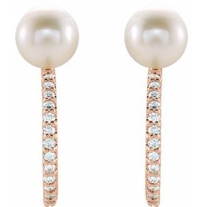 14K Rose Gold Cultured White Freshwater Pearl & 1/6 CTW Natural Diamond Hoop Earrings