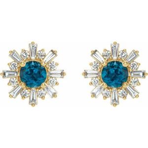 14K Yellow Gold Natural London Blue Topaz & 3/4 CTW Natural Diamond Earrings