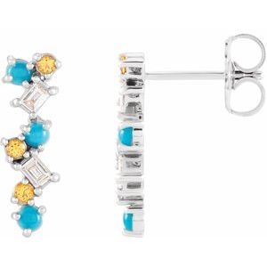 14K White Gold Natural Turquoise, Natural Honey Topaz & 1/10 CTW Natural Diamond Scattered Bar Earrings