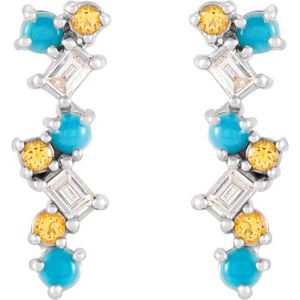 14K White Gold Natural Turquoise, Natural Honey Topaz & 1/10 CTW Natural Diamond Scattered Bar Earrings – image 2