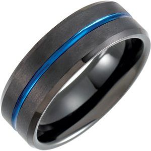 Black & Blue PVD Tungsten 8 mm Beveled-Edge Grooved Comfort-Fit Band Size 10.5