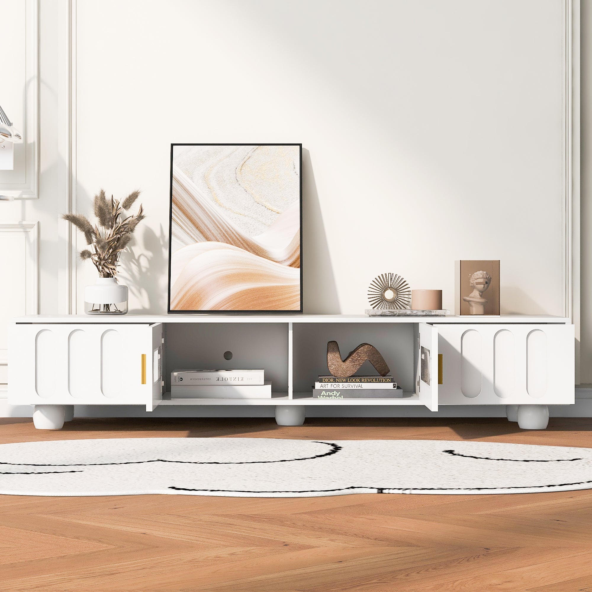 U-Can Modern TV Stand for TVs up to 80 Inches, Entertainment Center with Glass Door, TV Storage Cabinet with Solid Wood Legs and Metal Handles for Living room(OLD SKU:WF323694AAK )