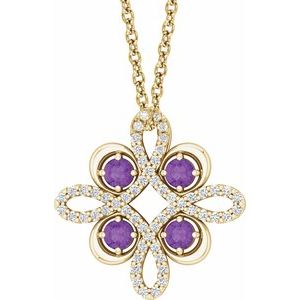 14K Yellow Gold Natural Amethyst & 1/6 CTW Natural Diamond Clover 18" Necklace