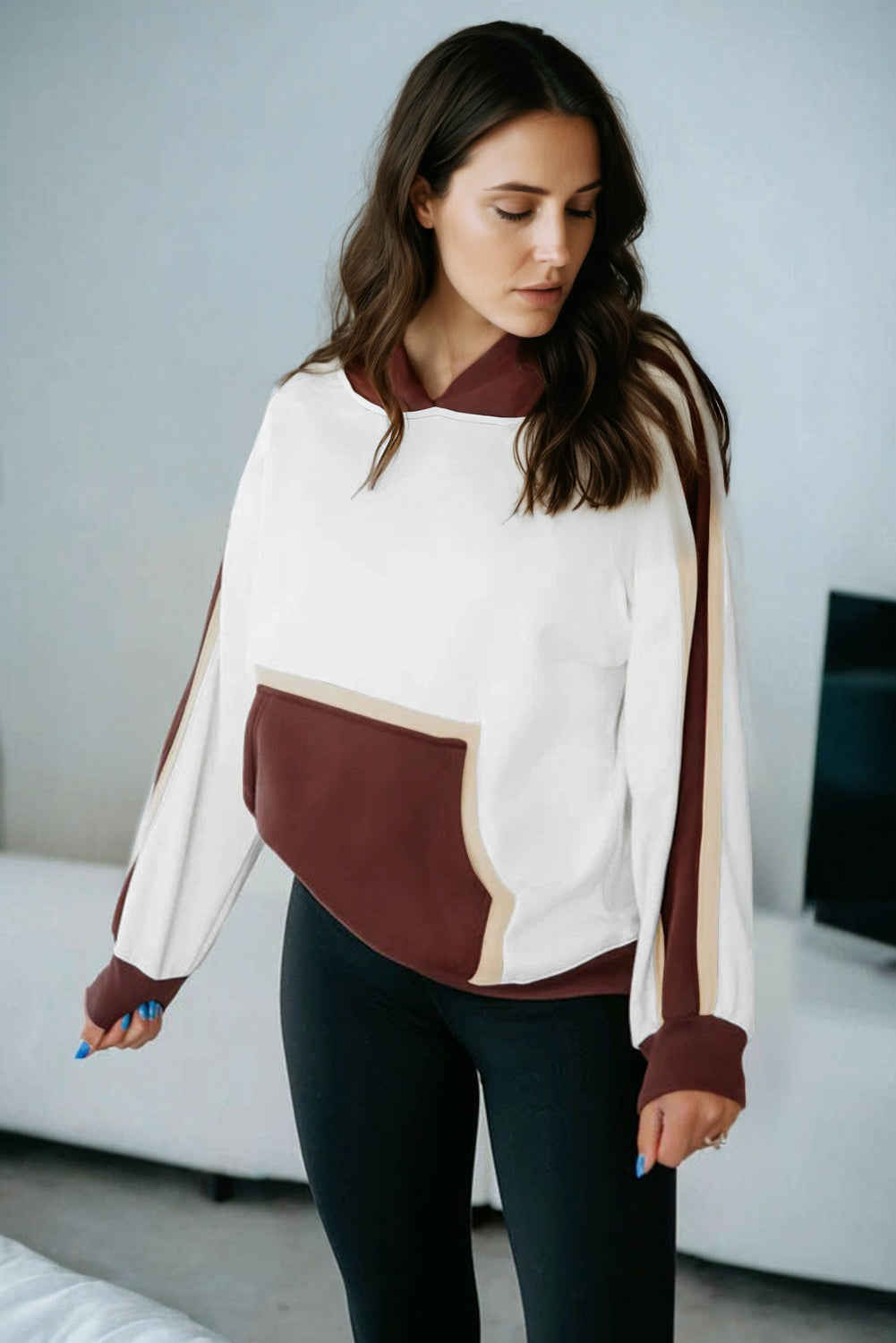 Colorblock Patchwork Kangaroo Pocket Hooded Sweatshirt