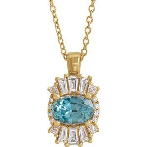 14K Yellow Gold Natural Blue Zircon & 1/3 CTW Natural Diamond 16-18" Necklace