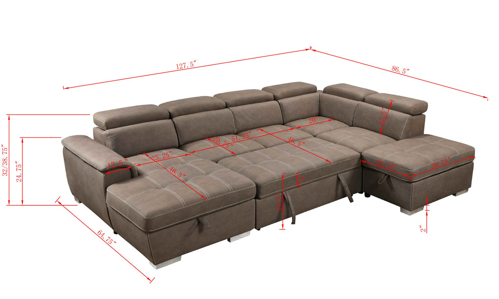128'Sofa U Shaped Sectional Couch with Ottomans Reversible Modular Sofa 7 Seater Couch with Storage Seat,Living Room Furniture Sofa Sets with Adjustable Headrest, Brown