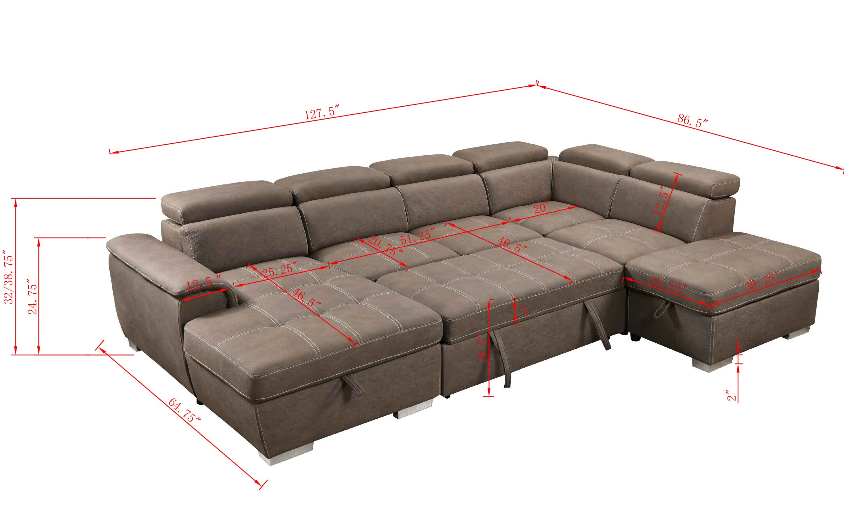 128'Sofa U Shaped Sectional Couch with Ottomans Reversible Modular Sofa 7 Seater Couch with Storage Seat,Living Room Furniture Sofa Sets with Adjustable Headrest, Brown
