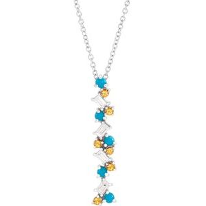 14K White Gold Honey Passion Topaz, Turquoise & 1/8 CTW Diamond Scattered Bar 16-18" Necklace