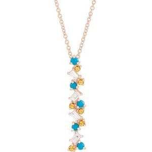 14K Rose Gold Natural Honey Passion Topaz, Natural Turquoise & 1/8 CTW Natural Diamond Scattered Bar 16-18" Necklace